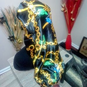 Brand New Black Bonnet with Gold Stripes and chains